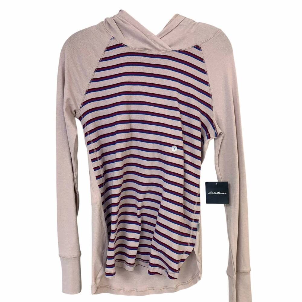 NEW EDDIE BAUER women's striped pullover hooded tee in pale lavender